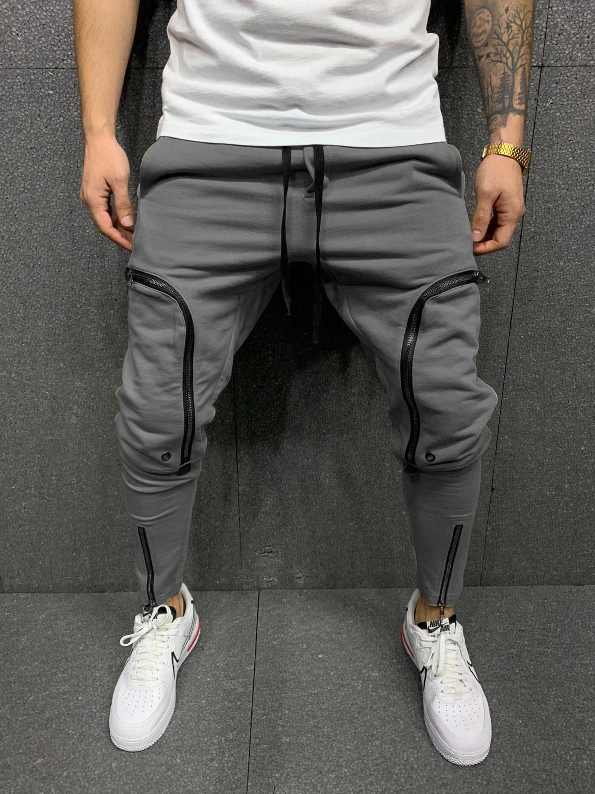 Men's Drawstring Zip Patch Pocket Slim Fit Track Pants