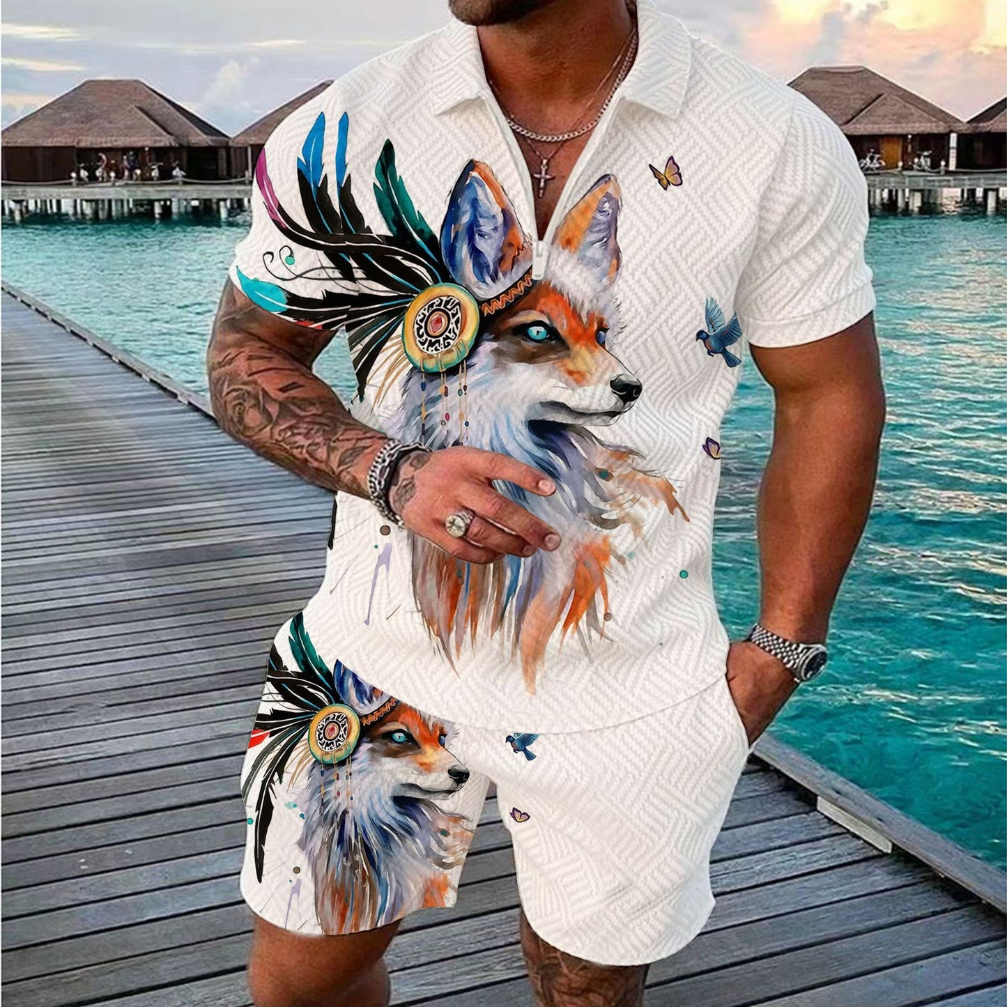 Fashionable Zipper Polo Shirt Suit For Men