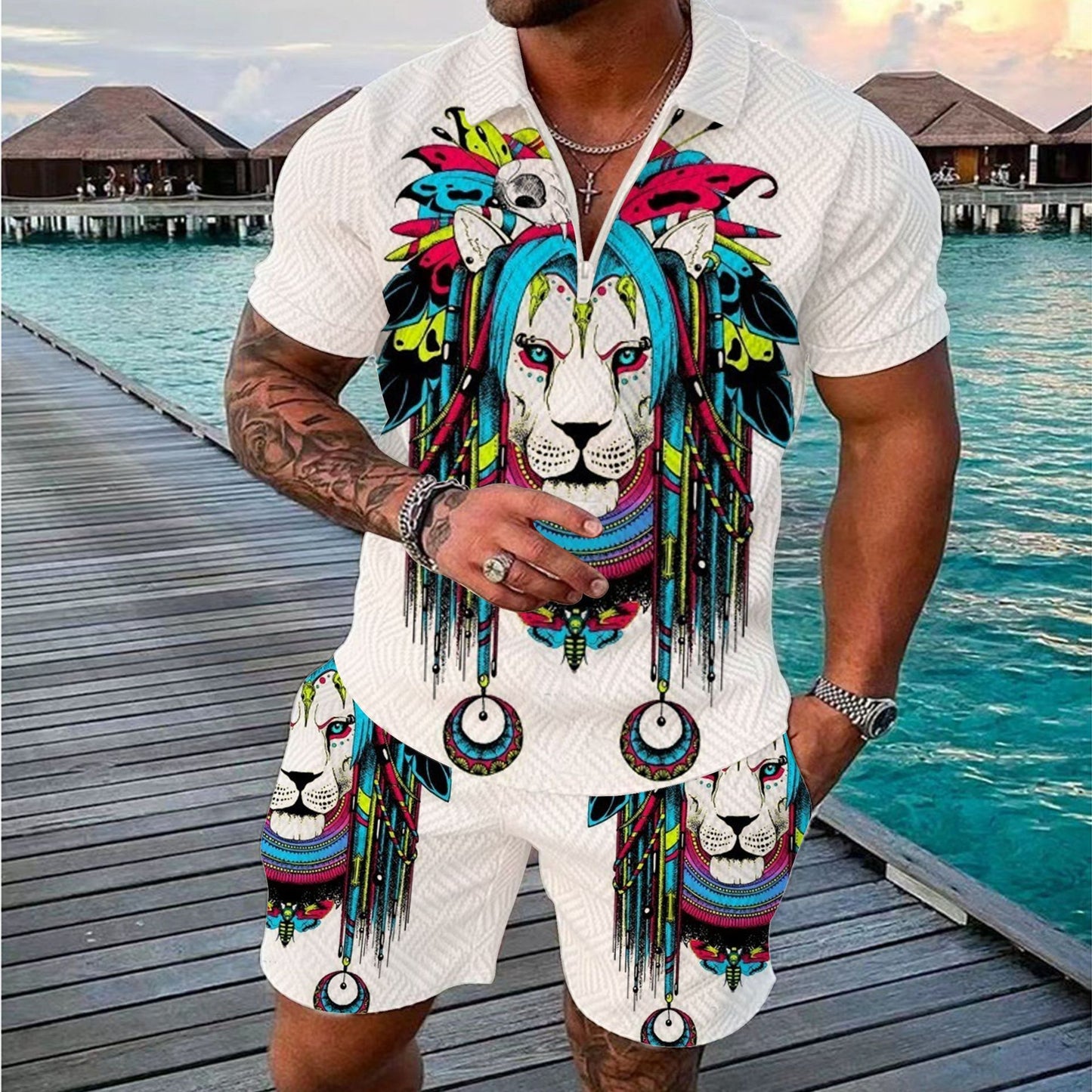 Fashionable Zipper Polo Shirt Suit For Men