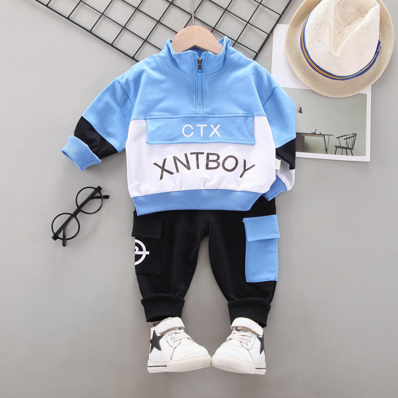 New Children's Suit Spring And Autumn Korean Men And Women Children's Sports Letter Suit Stitching Long-Sleeved Two-Piece Suit Tide