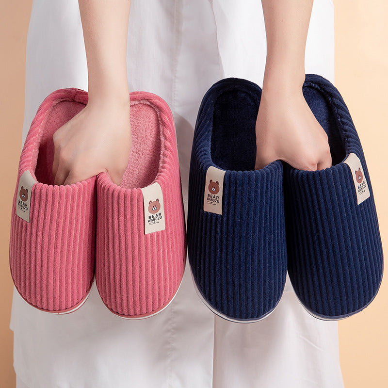 Solid Color Striped Slippers For Women Thick-soled Anti-slip Indoor Warm Plush Home Shoes Couple Women Men Slipper Winter