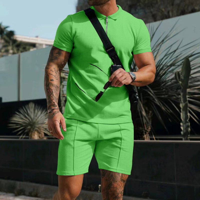 Men's Short Sleeve Shorts Casual Suit Summer Waffle Solid Color Casual Loose Lapels T-shirt Suit Men