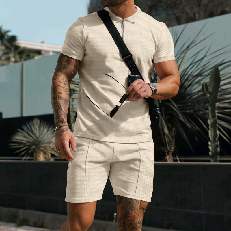 Men's Short Sleeve Shorts Casual Suit Summer Waffle Solid Color Casual Loose Lapels T-shirt Suit Men