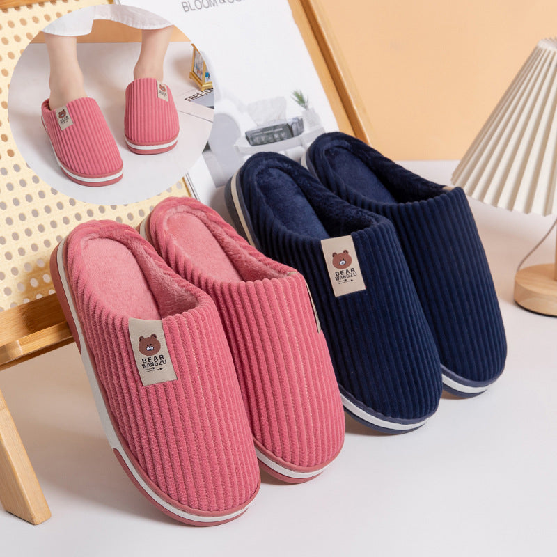 Solid Color Striped Slippers For Women Thick-soled Anti-slip Indoor Warm Plush Home Shoes Couple Women Men Slipper Winter