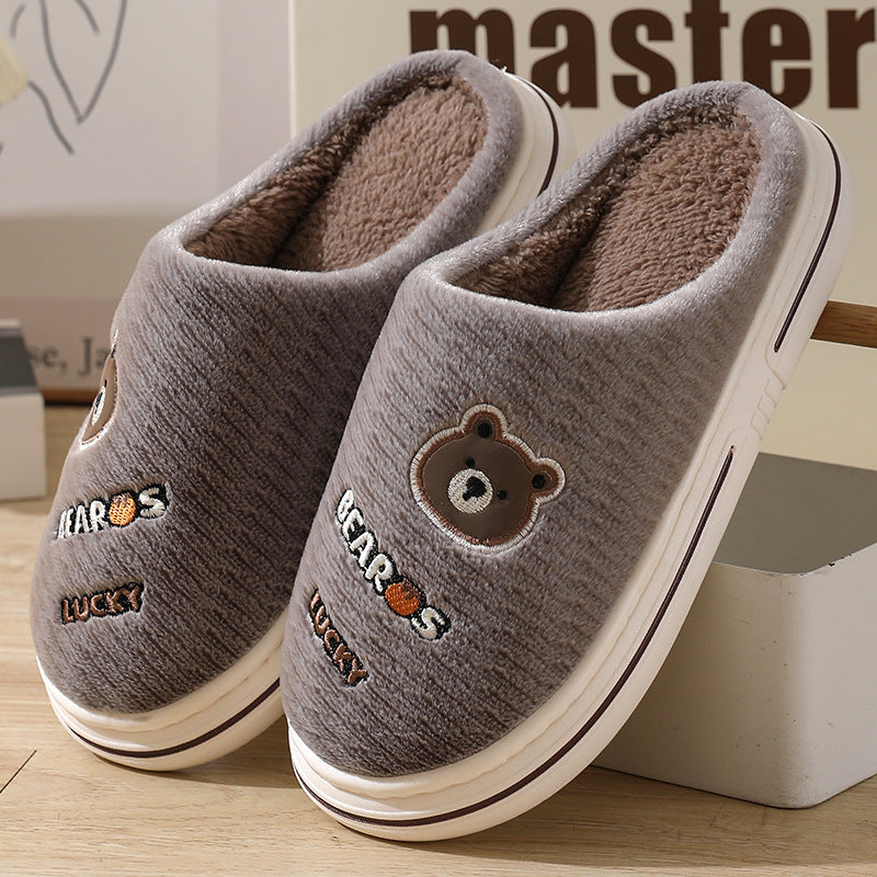 Cartoon Bear Plush Slippers For Women Autumn And Winter Warm Home Shoes Couple Thick-sole Non-slip Fashion Furry Slipper Men