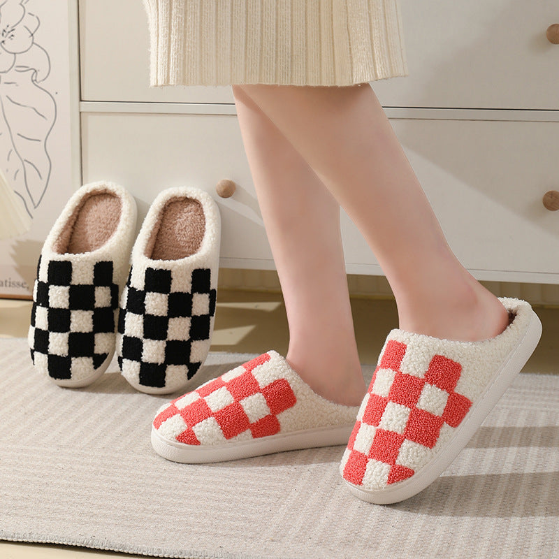 Checkerboard Print Slippers Winter House Shoes Men And Women Couple Home Floor Warm Cotton Slippers