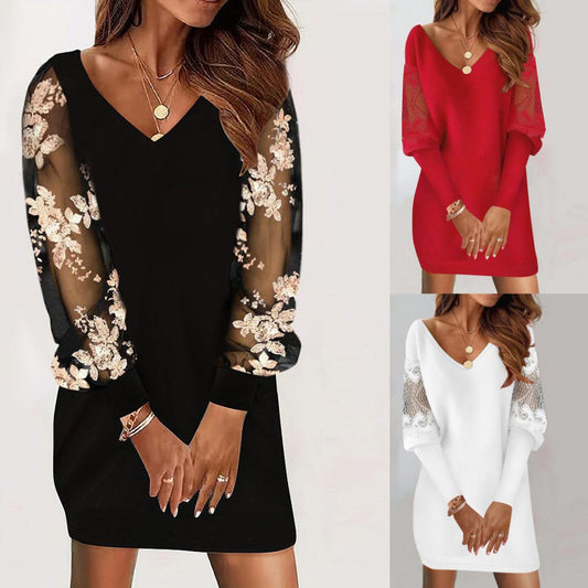 Long-sleeved V-neck Dress Spring And Autumn New Style Lace Splicing Dress For Womens Clothing